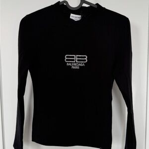 Balenciaga Black Crewneck with Crystal Logo Detail